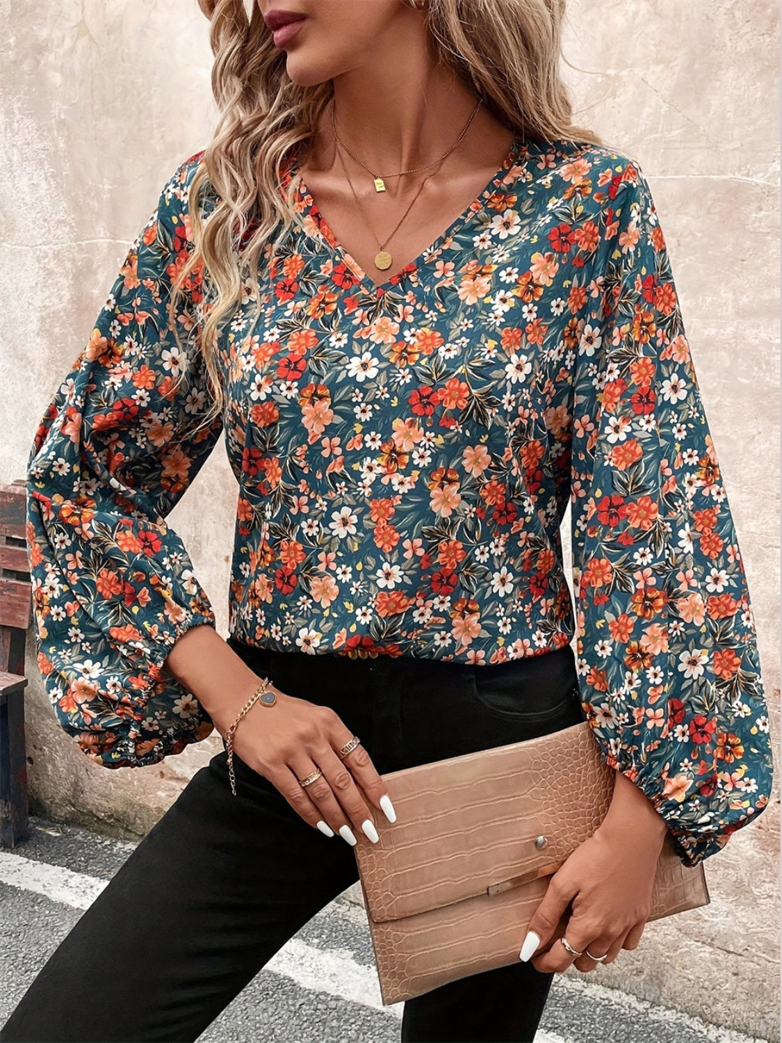 Printed V-Neck Balloon Sleeve Blouse