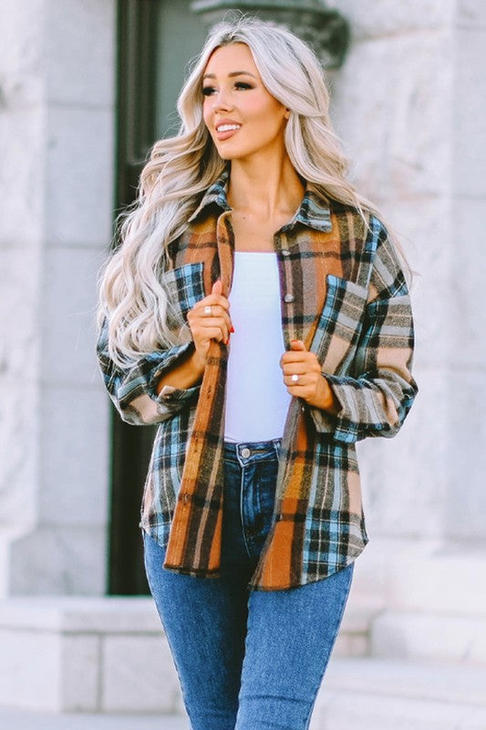 Women Plaid Block Buttoned Shirt with Pockets