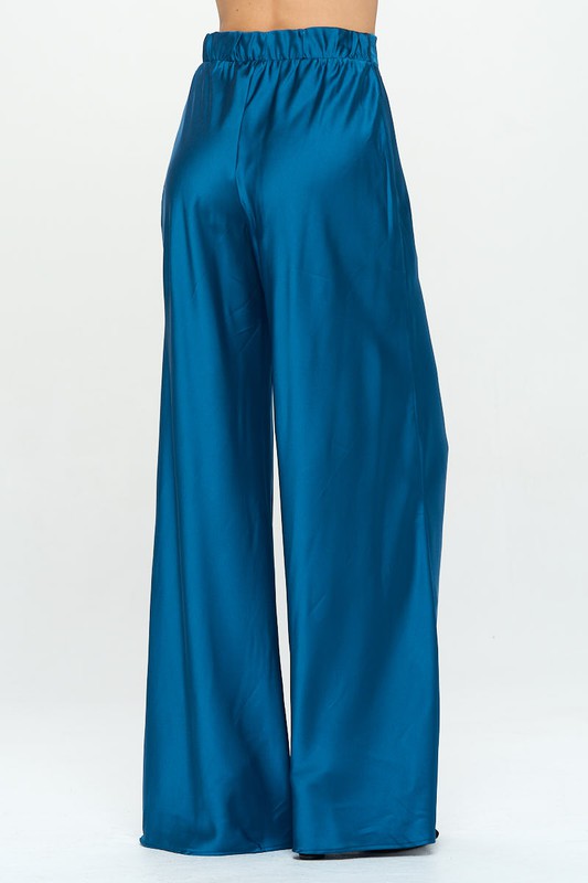 Stretch Satin Pants w/ Elastic Waist and Pockets