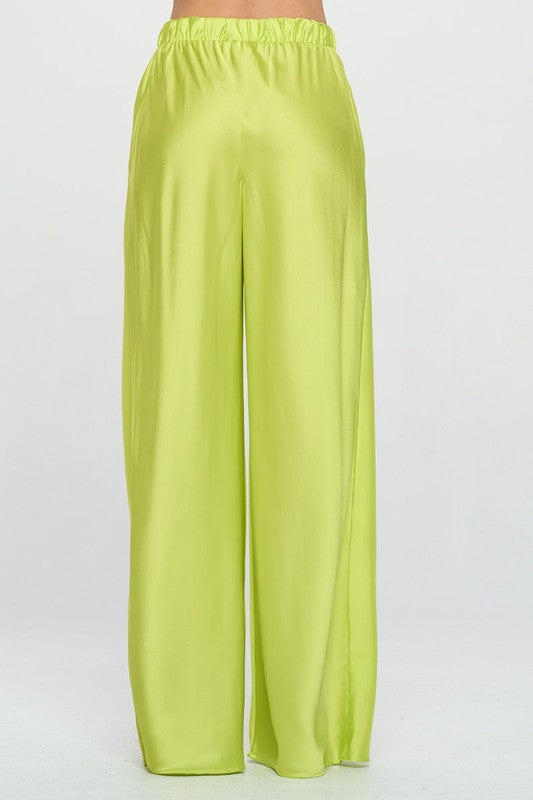 Stretch Satin Pants w/ Elastic Waist and Pockets