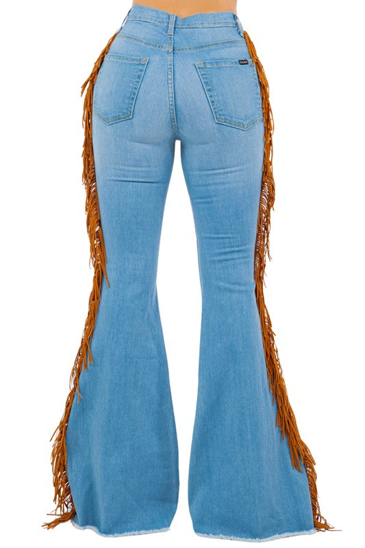 Fringe Bell Bottom In Light Blue - Inseam 34"