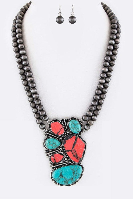 Pave Stones Pendant & Layer Navajo Beads Necklace