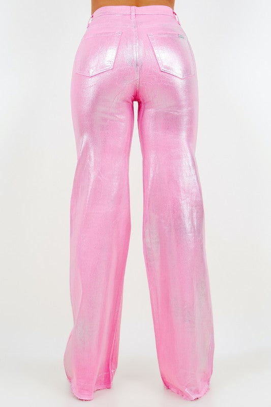 Metallic Wide Leg Jean in Pink