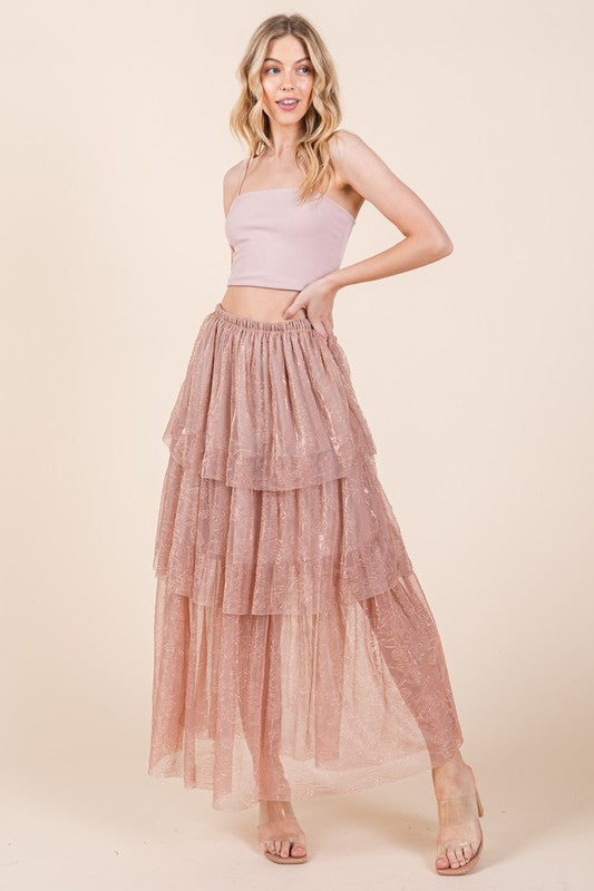 Elastic Waisted Embossed Mesh Tiered Ruffle Skirt