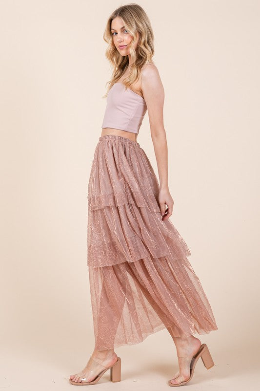 Elastic Waisted Embossed Mesh Tiered Ruffle Skirt