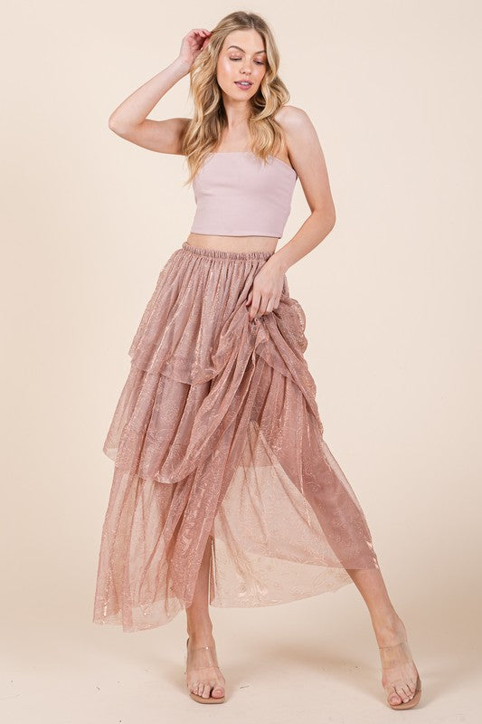 Elastic Waisted Embossed Mesh Tiered Ruffle Skirt