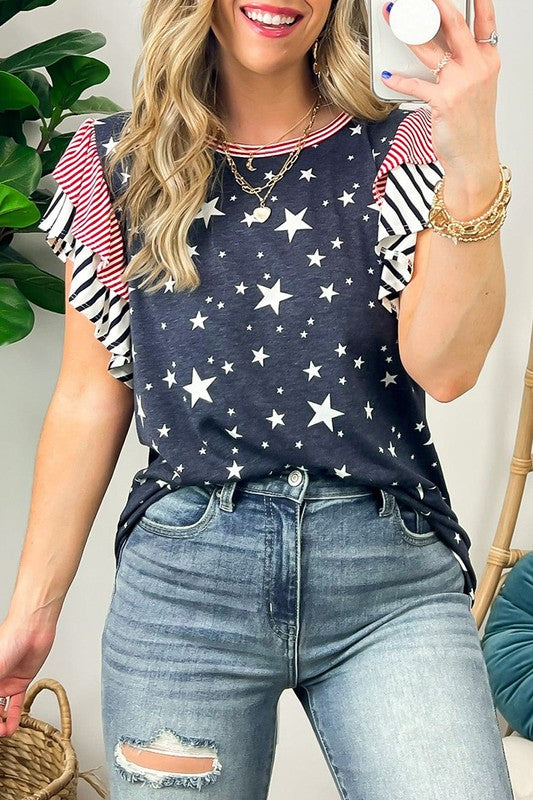 Flag Stripe Ruffle Sleeve Star Shirt USA