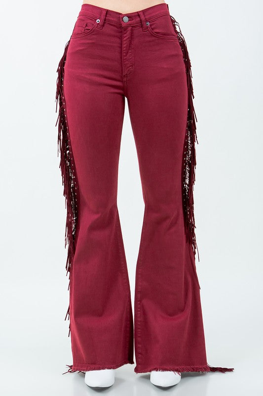 Texas Sun Fringe Bell Bottom jean in Wine - Inseam 34"