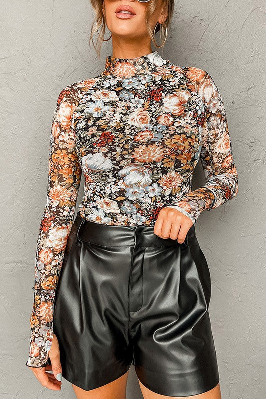 Floral Long Sleeve High Neck Sheath Mesh Shirt