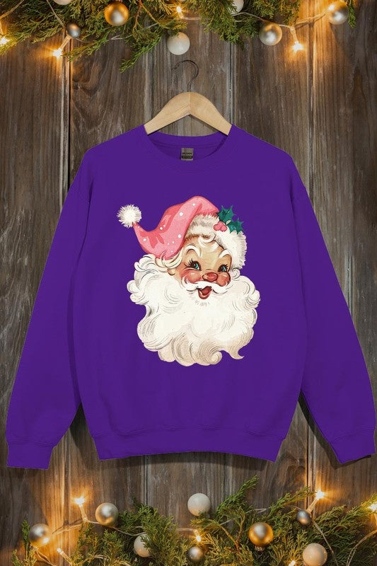 Retro Pink Santa Graphic Fleece Sweatshirts