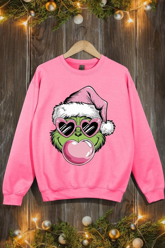 Pink Blowing Bubble Grinch Graphic Sweatshirts