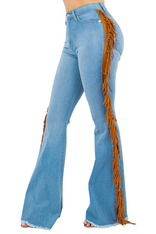 Fringe Bell Bottom In Light Blue - Inseam 34"