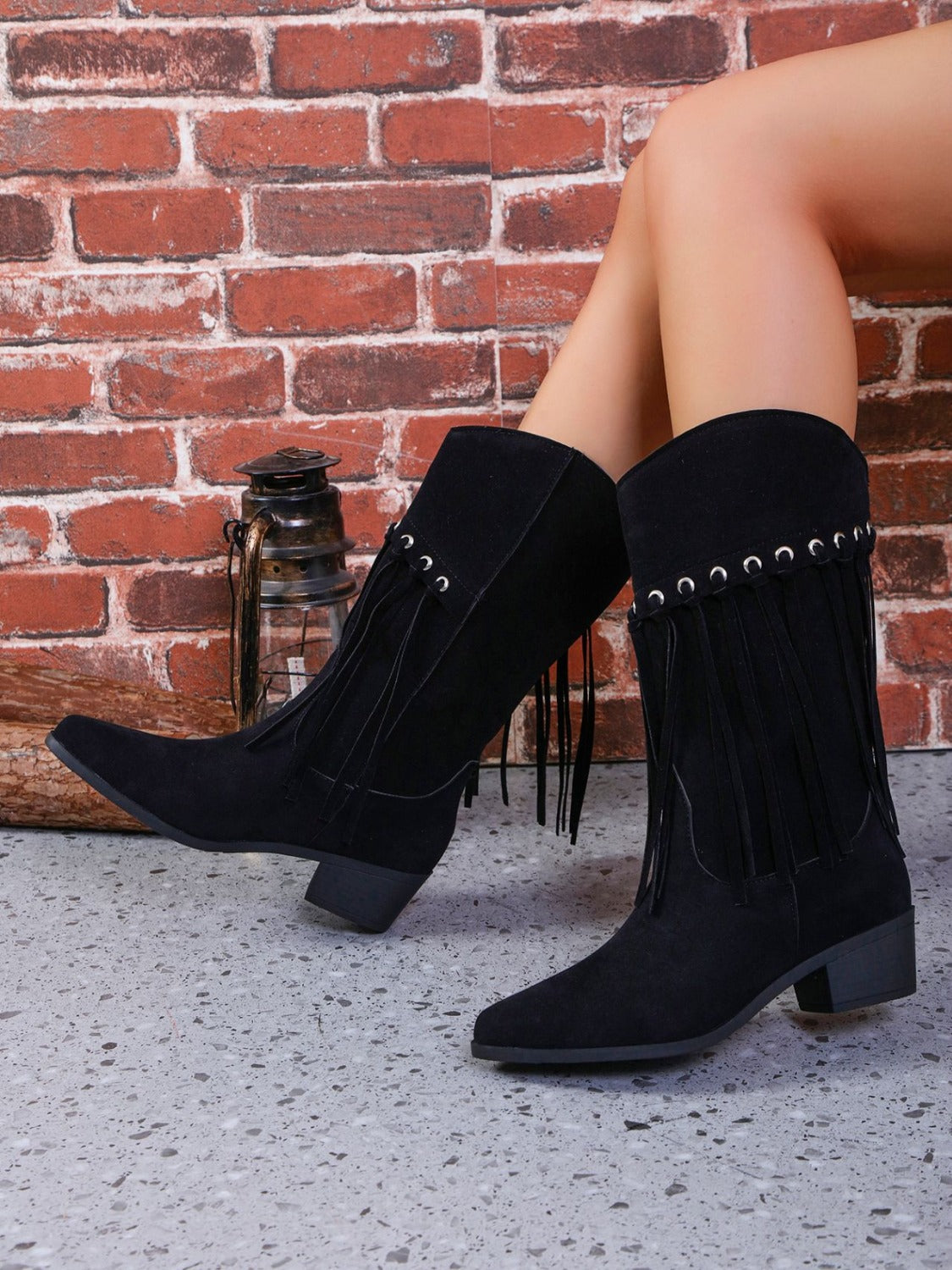 Fringe Suede Point Toe Block Heel Boots