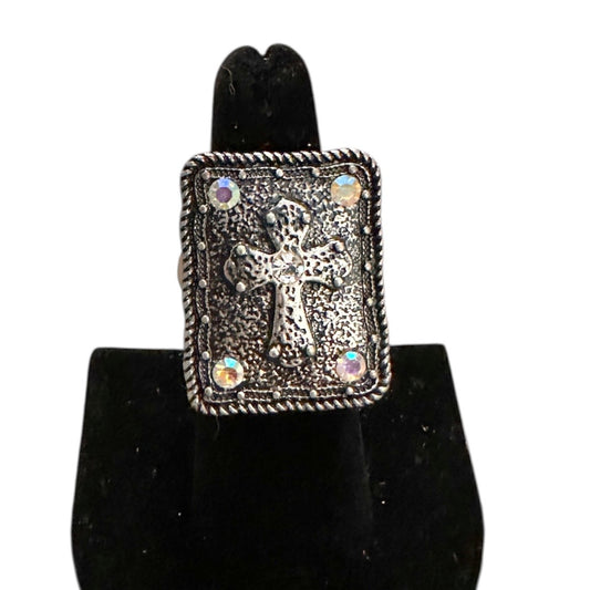 Silver Cross Square Elalstic Ring