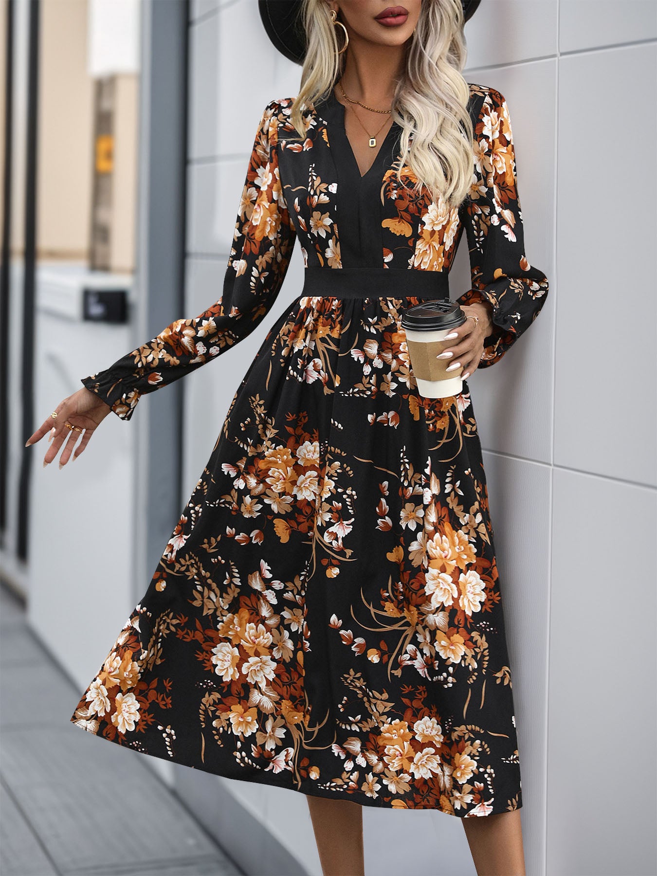 Perfee Printed Notched Long Sleeve Midi Dress