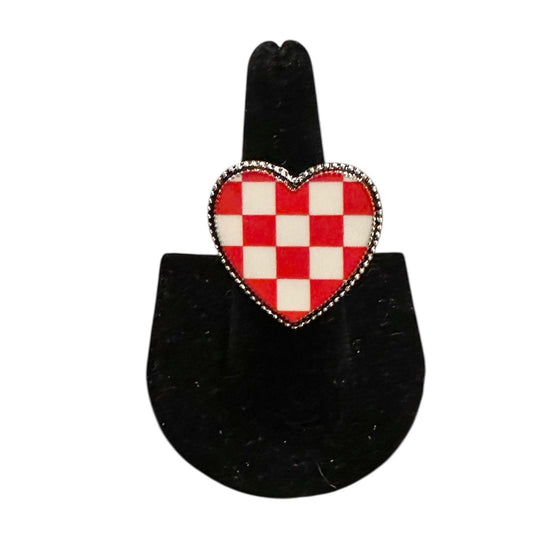 Red Checkered Heart Adjustable Ring