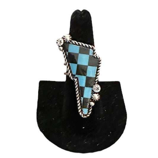 Turquoise Checkered Lighting Bolt Adjustable Ring
