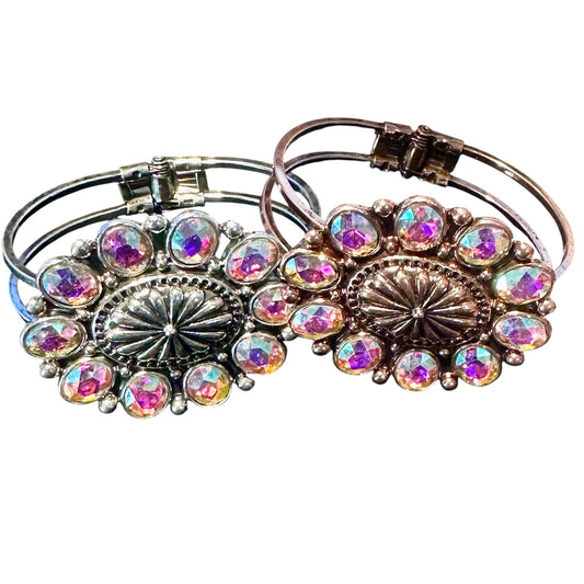 Large Iridescent Flower Clasp Cuff Bracelet