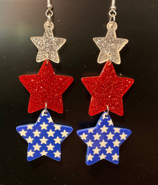 Three star earring Red, White Blue sparkles