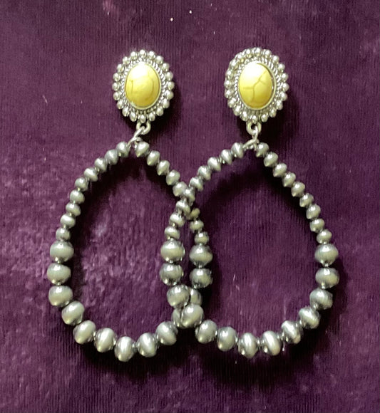 Yellow Stud Earring with Navajo Pearl Silver Dangle Hoop