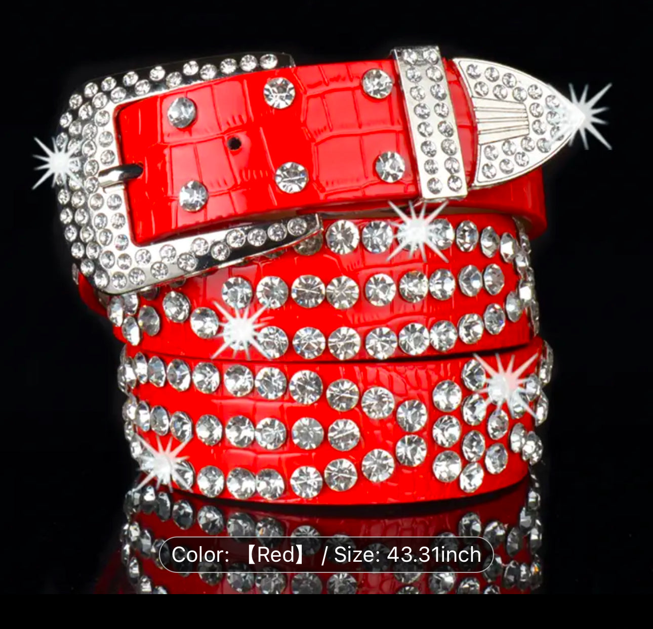 Rhinestone Studded Western Belt - Red