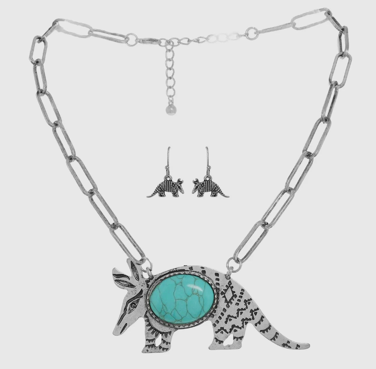 Armadillo Turquoise Stone Silver Necklace Set