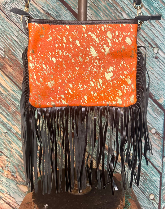 Orange Cowhide and Gold Acid with Black Leather Fringe Cross Body Purse