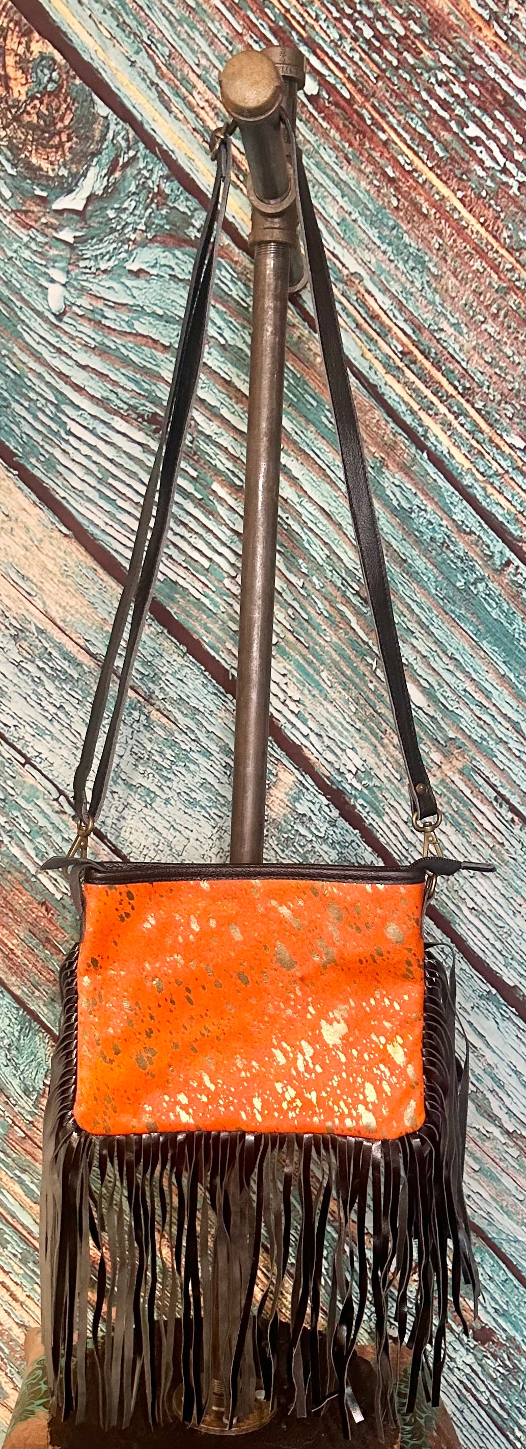 Orange Cowhide and Gold Acid with Black Leather Fringe Cross Body Purse