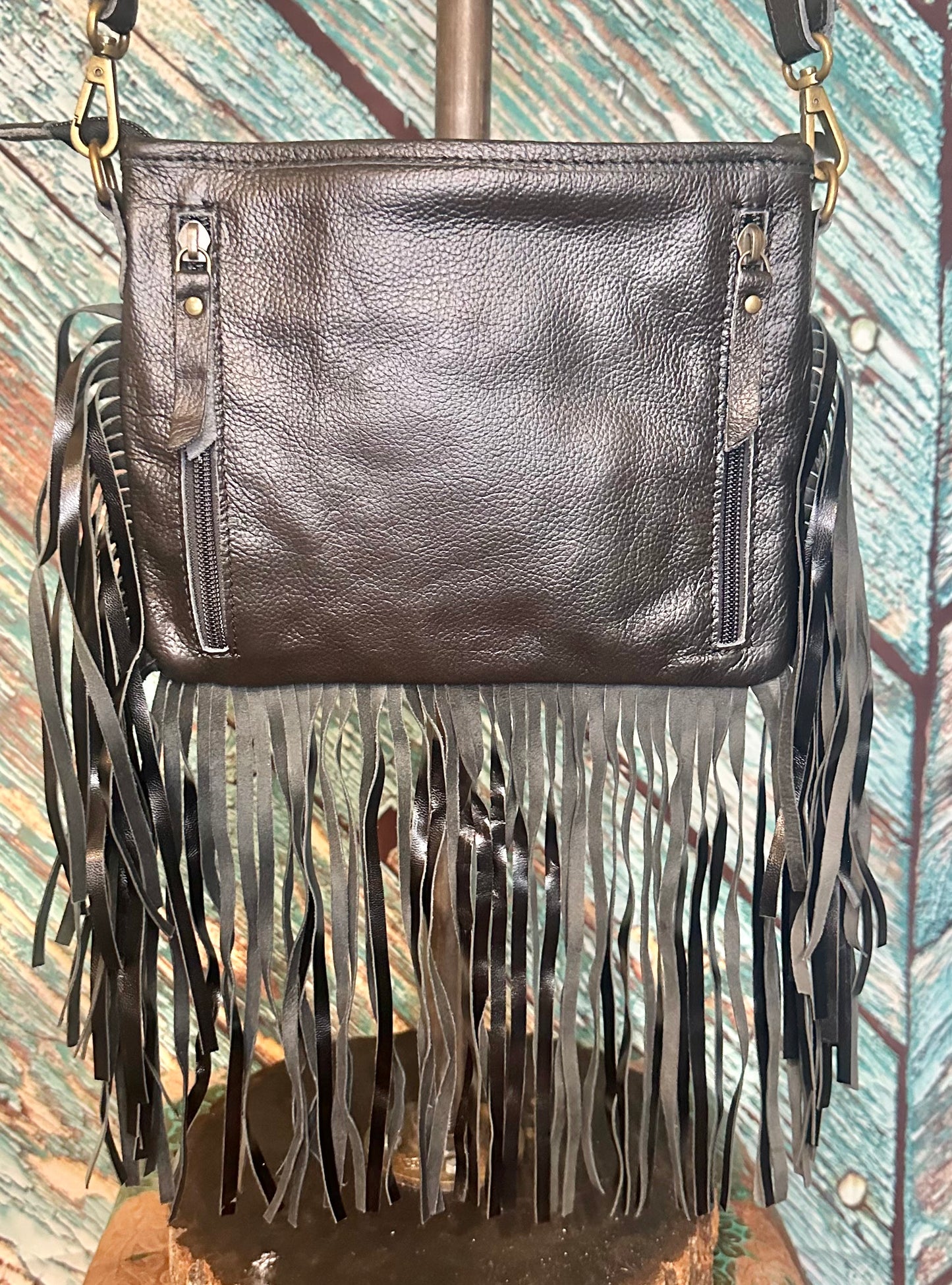 Orange Cowhide and Gold Acid with Black Leather Fringe Cross Body Purse