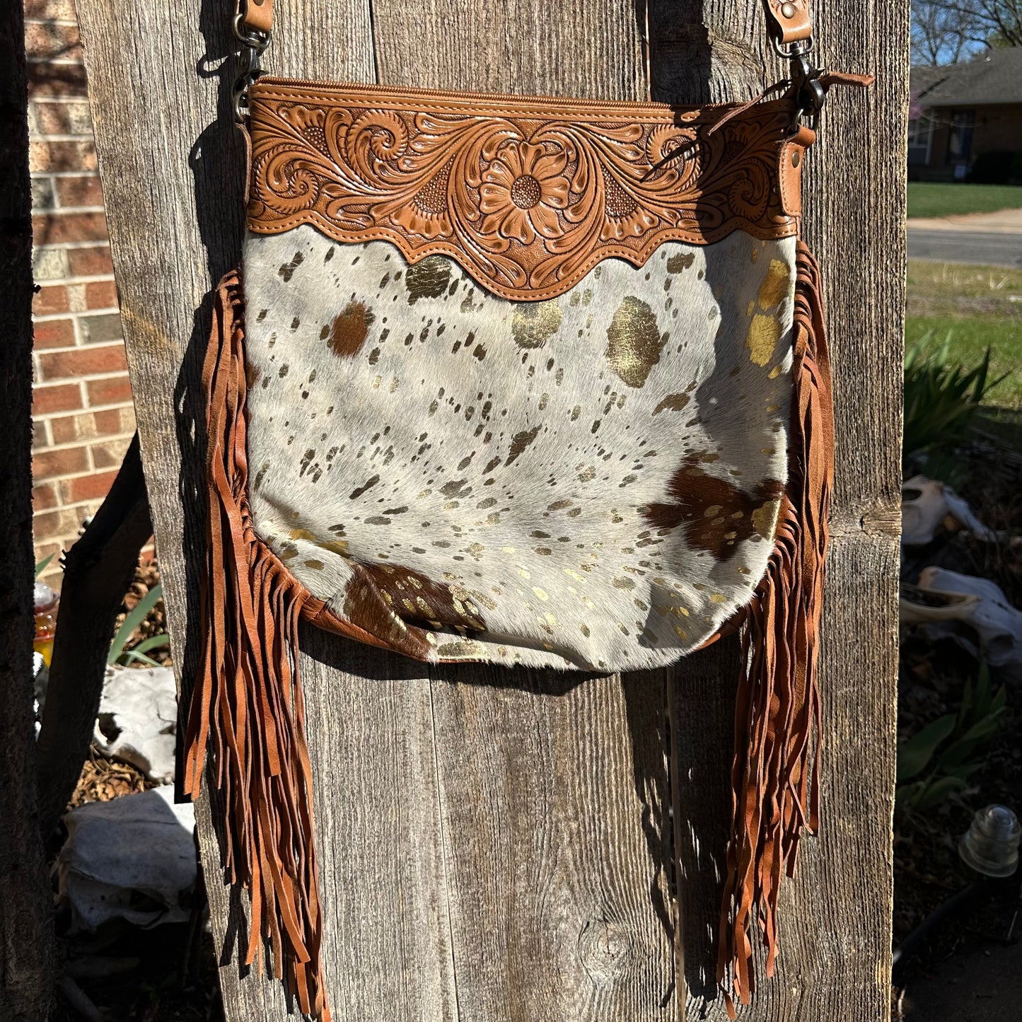 Tooled Leather with Gold Acid White Cowhide and Fringe Purse