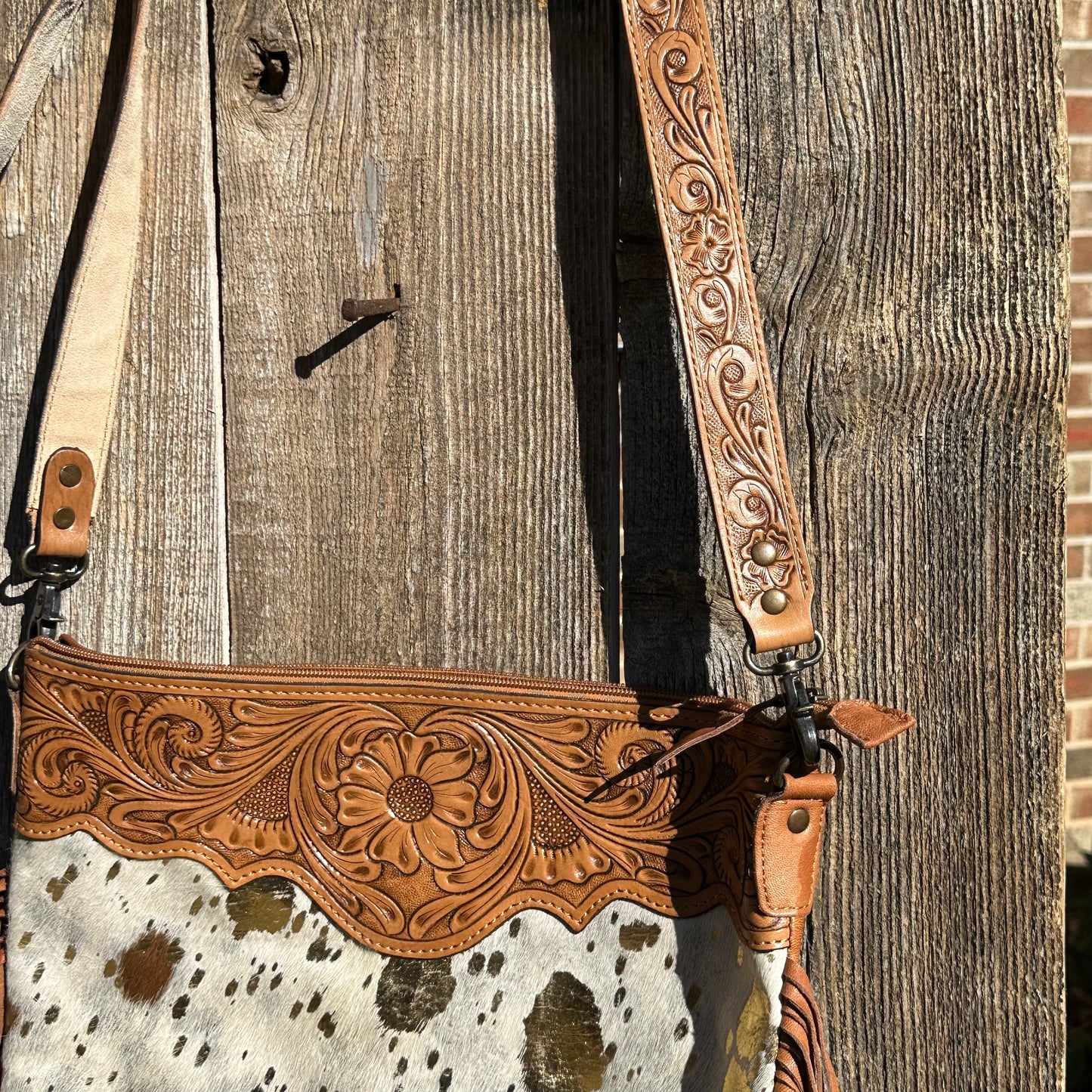 Tooled Leather with Gold Acid White Cowhide and Fringe Purse