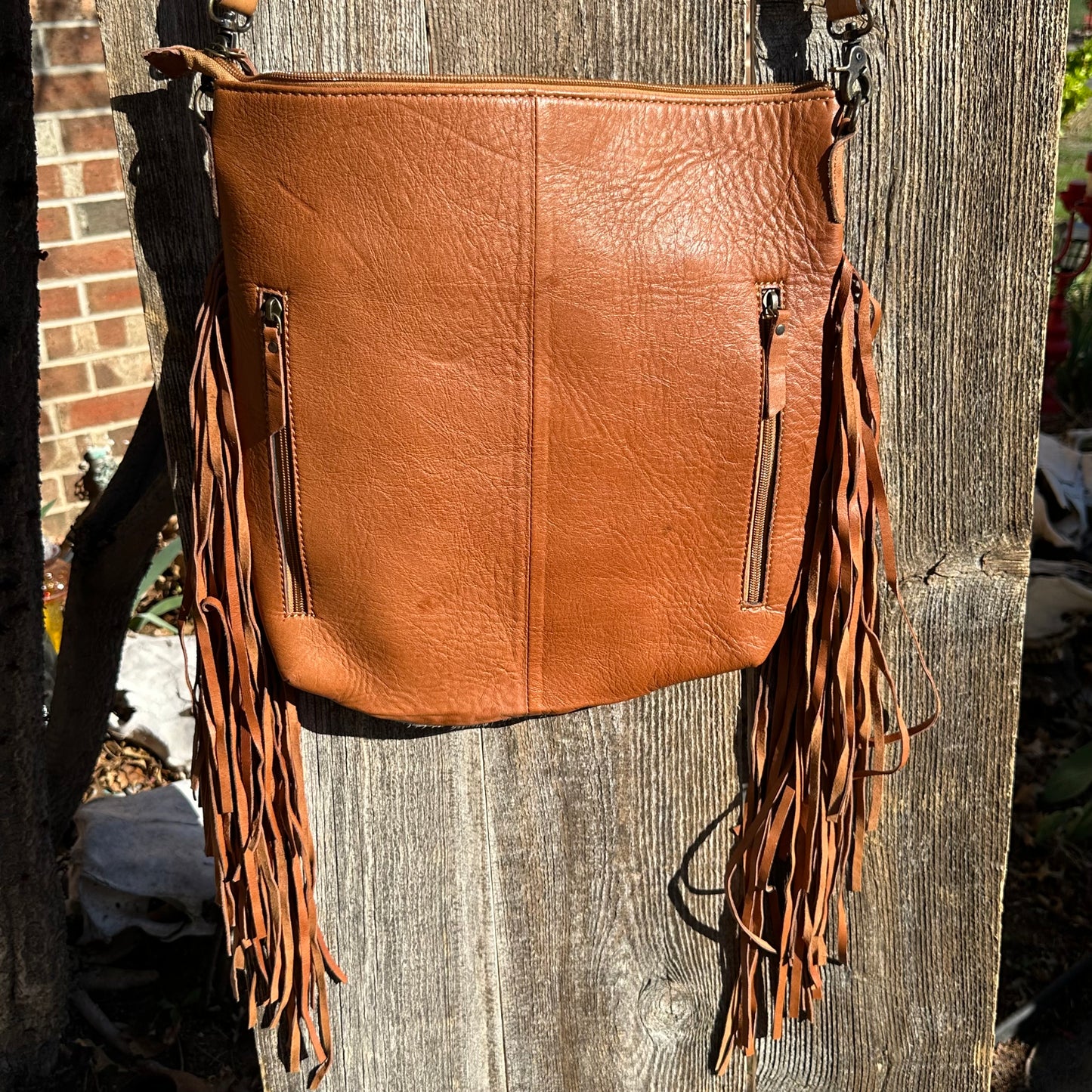 Tooled Leather with Gold Acid White Cowhide and Fringe Purse