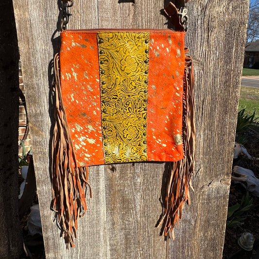 Orange Cowhide with Yellow Tooled Leather Purse with Brown Fringe