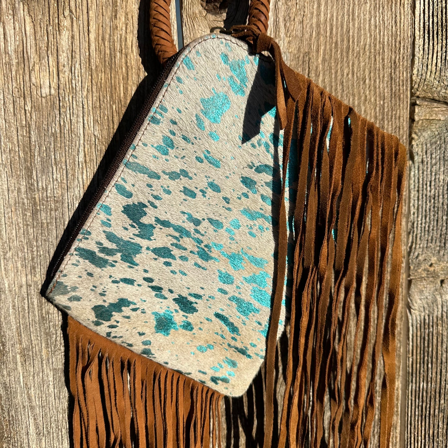 White and Teal Cowhide Clutch Purse