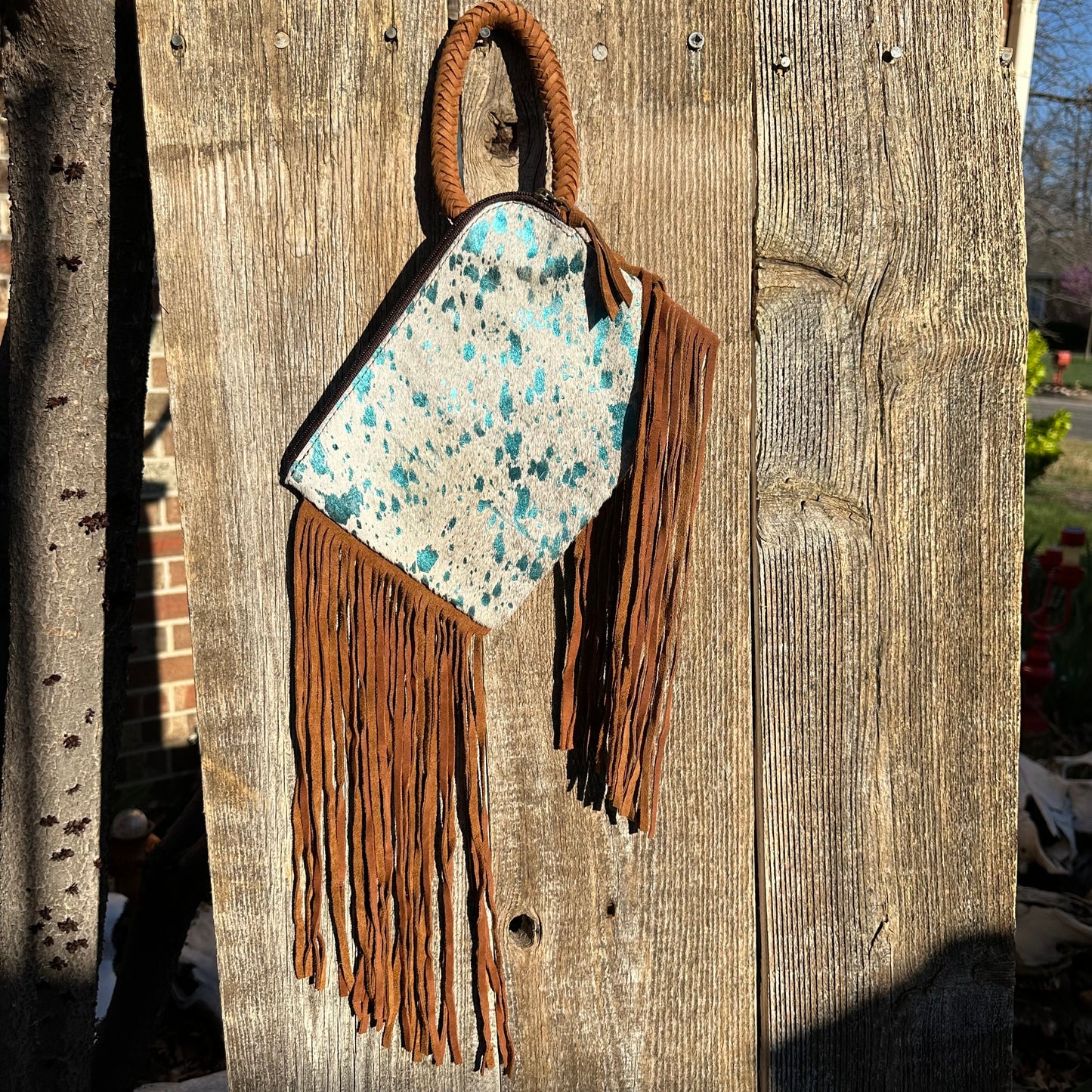 White and Teal Cowhide Clutch Purse