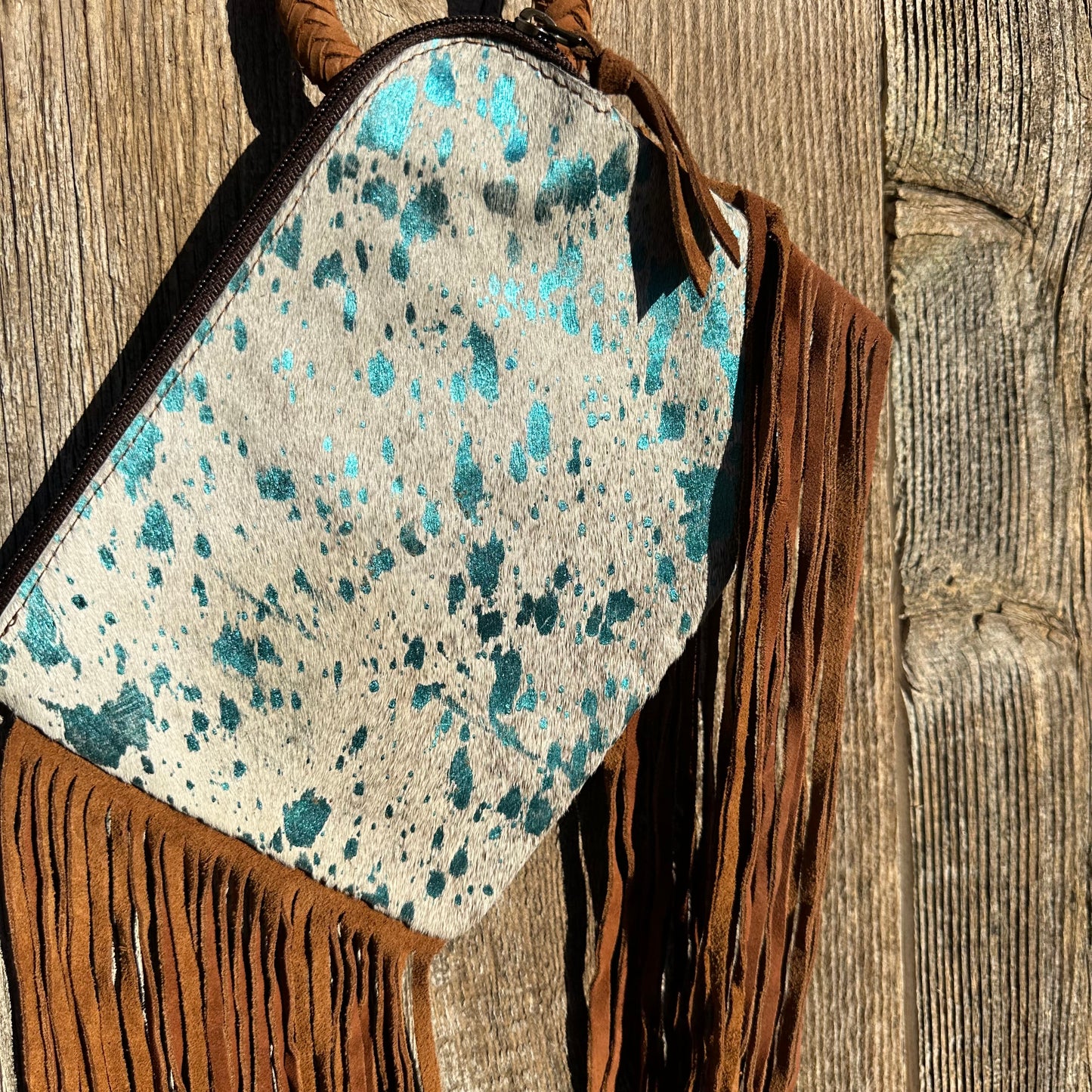 White and Teal Cowhide Clutch Purse