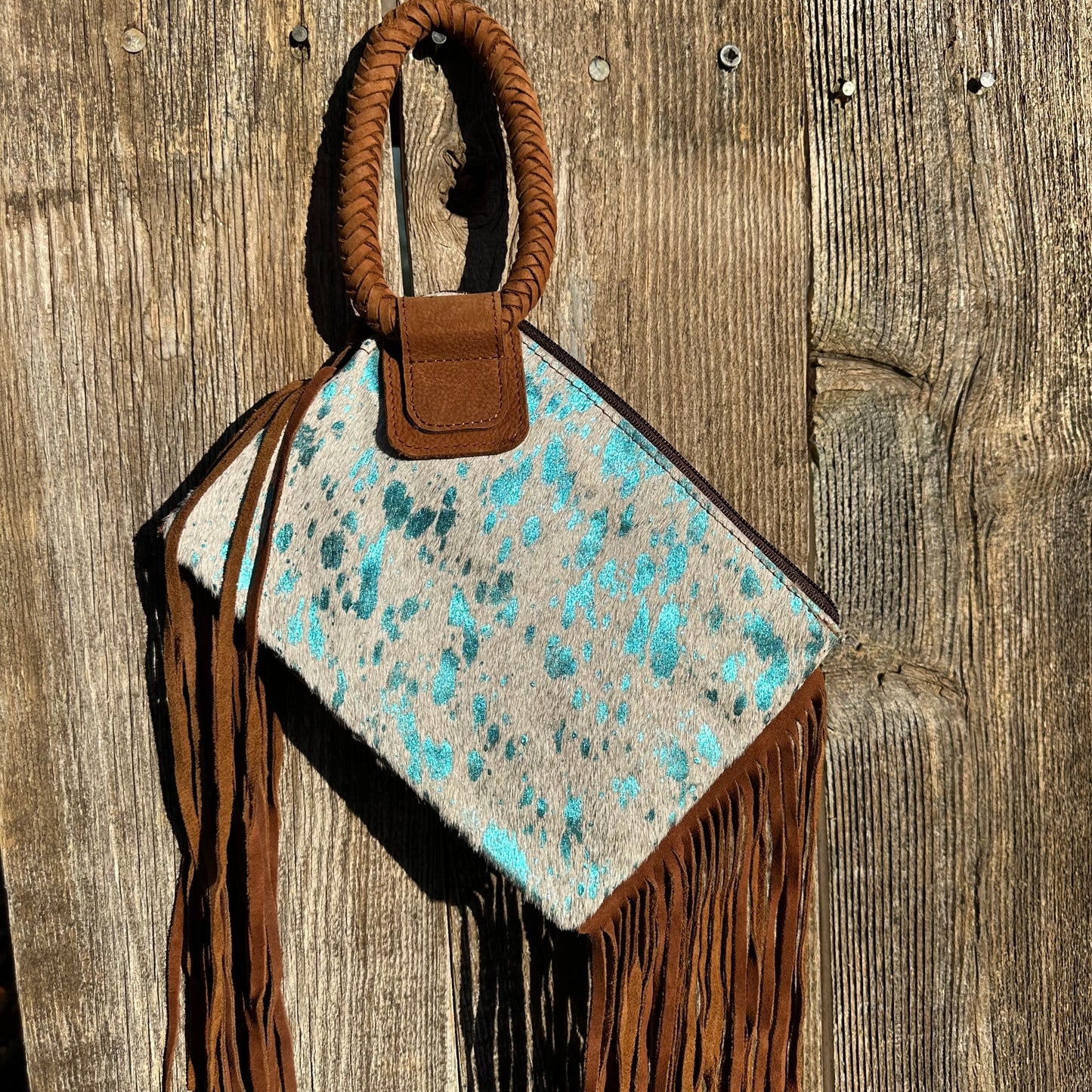 White and Teal Cowhide Clutch Purse