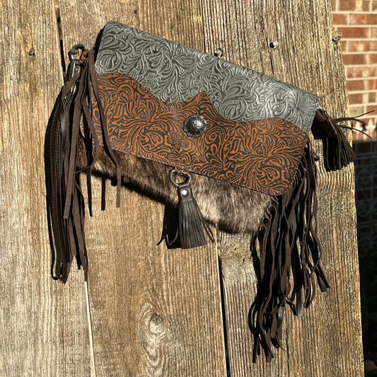 Stone Grey Tooled Leather Clutch with Brown Fringe