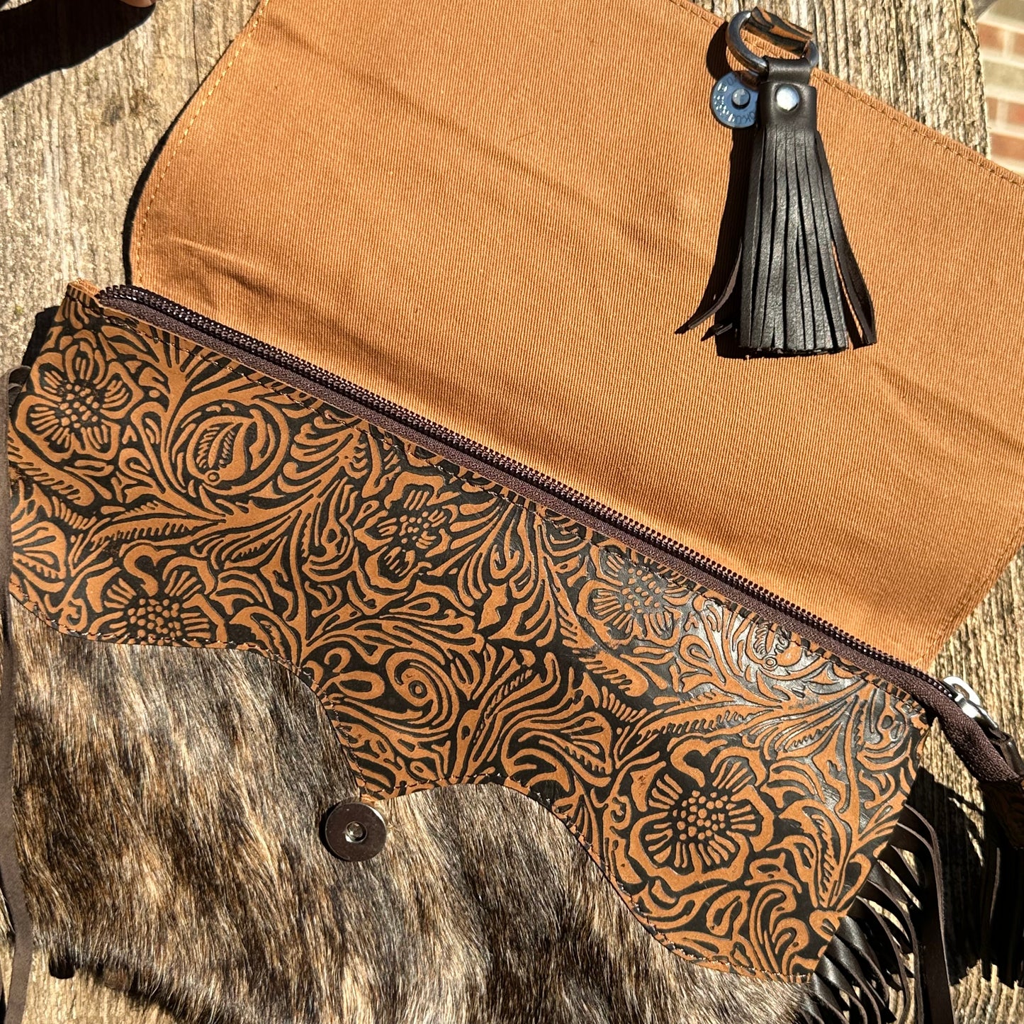 Stone Grey Tooled Leather Clutch with Brown Fringe