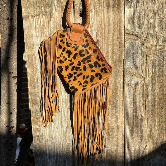 Leopard Cowhide Fringe Clutch Purse