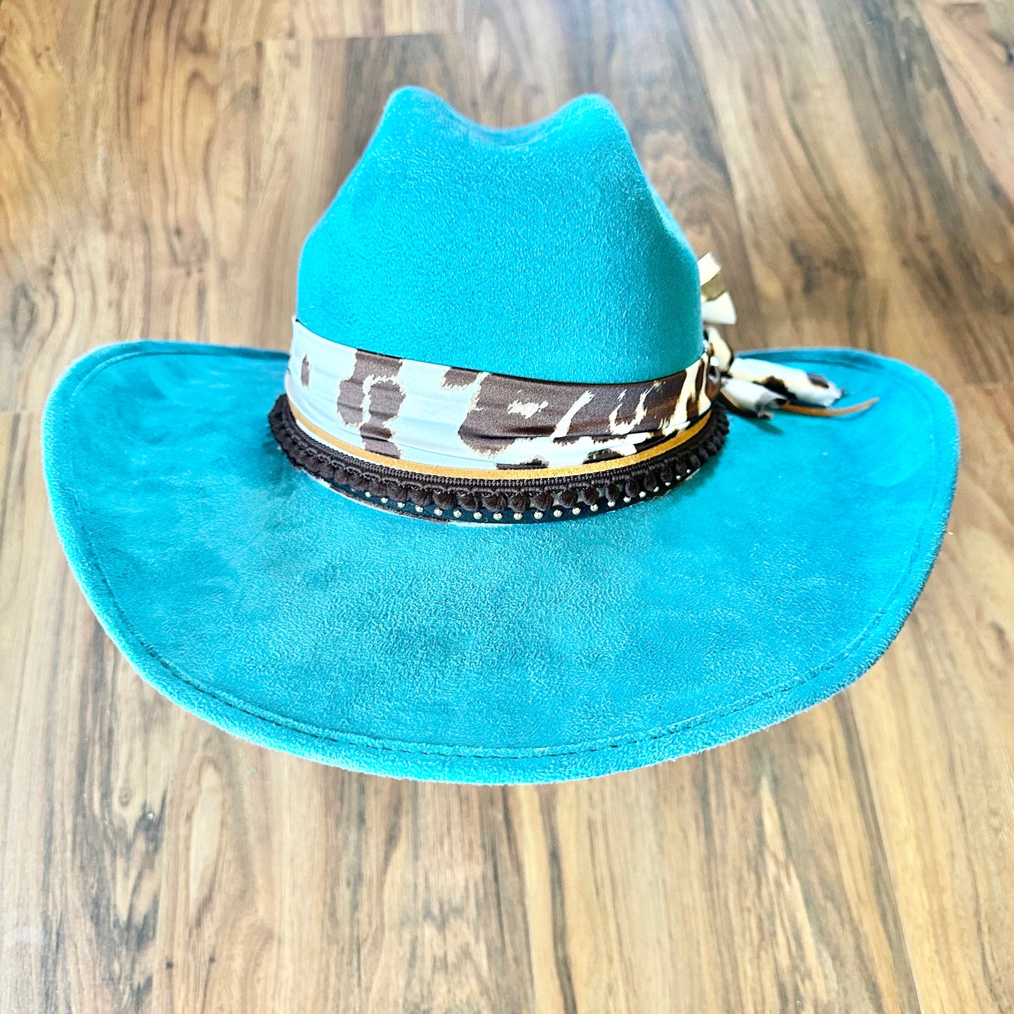 Turquoise Cowboy Hat with Cow Print Scarf