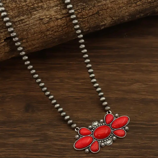 Antique Silver Red Floral Beaded 19 inch Necklace