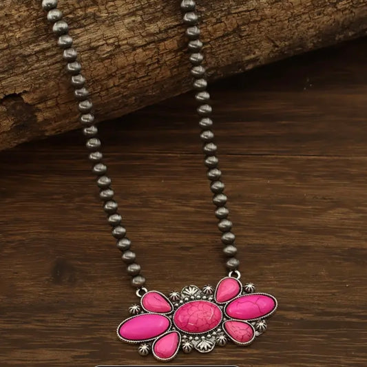 Antique Silver Pink Floral Beaded 19 inch Necklace