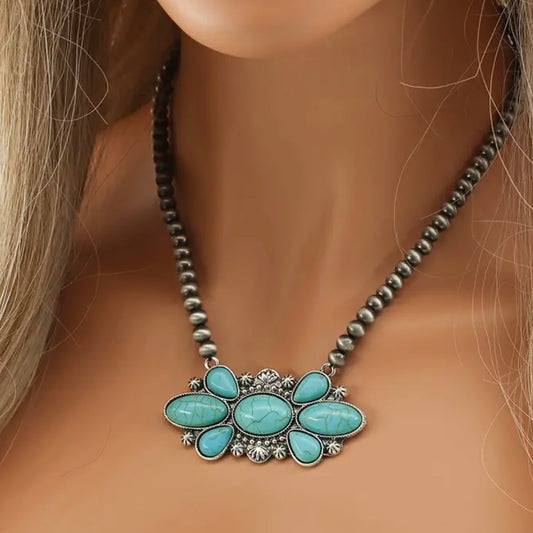 Antique Silver Turquoise Floral Beaded 19 inch Necklace