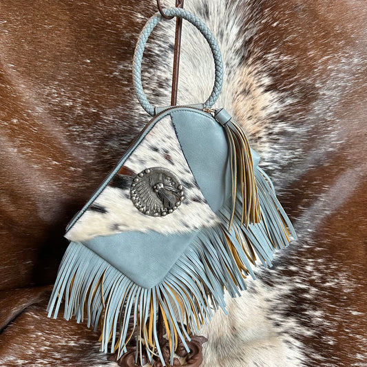 Custom Wristlet Purse - Lite Blue, Cowhide and Metal Indian Head