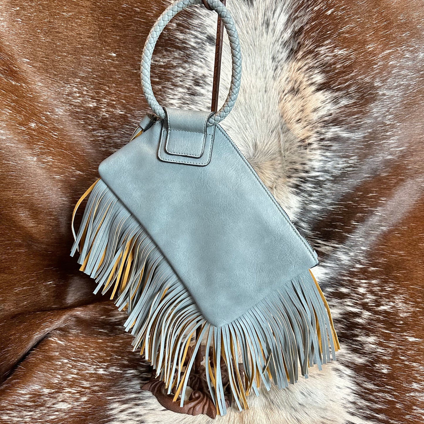 Custom Wristlet Purse - Lite Blue, Cowhide and Metal Indian Head