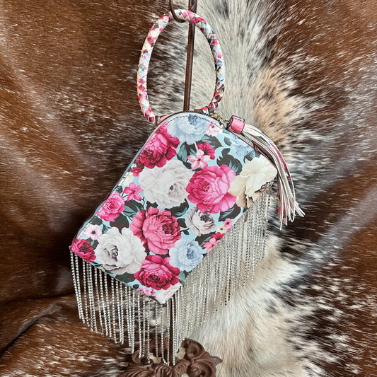 Custom Wristlet Purse - Roses with Rhinestone Fringe