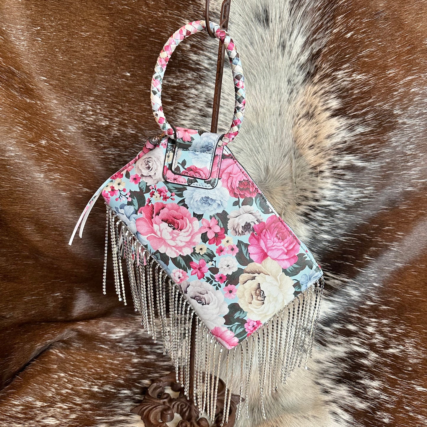 Custom Wristlet Purse - Roses with Rhinestone Fringe