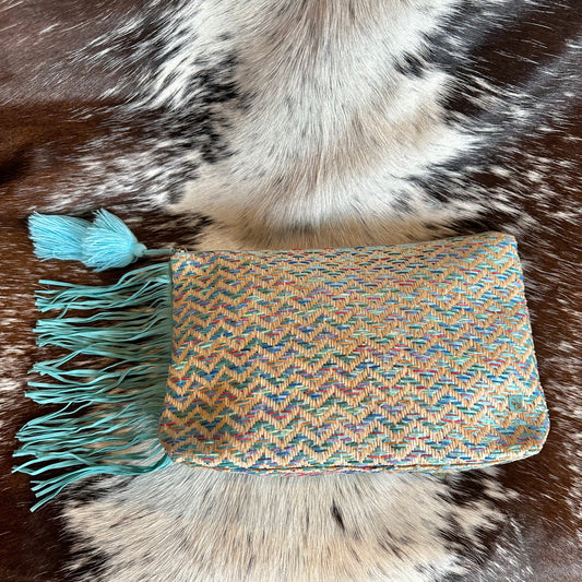 Clutch Purse / Makeup Bag with Teal Fringe