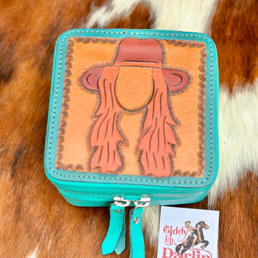 Small Turquoise Leather Cowgirl Travel Jewelry Case